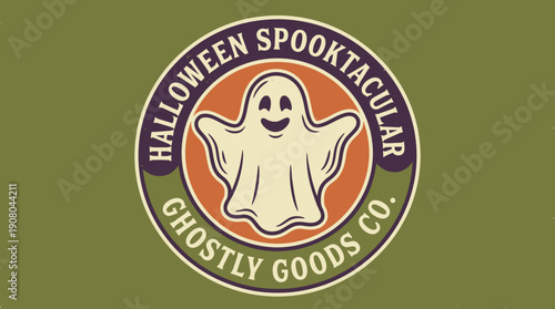 Retro Halloween Logo Badge with Happy Ghost Character. Vintage Spooktacular Ghostly Goods Co. Illustration in Distressed Style.