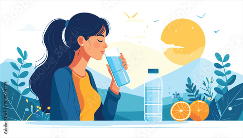 vector Woman Drinking Water from Bottle Outdoors