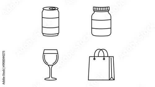 Icon Set Featuring Soda Can, Glass Jar, Wine Glass, and Paper Shopping Bag