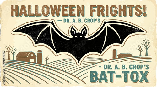 Retro Halloween Frights Poster: Distressed Vintage Advertisement Featuring Bat Silhouette Over Rustic Farm Landscape with Barn and Silo, Spooky Woodcut Style.