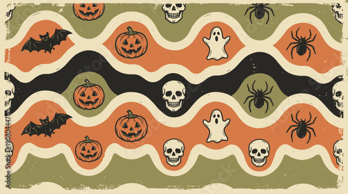 Retro Vintage Halloween Seamless Pattern. Grunge Wavy Background with Bats, Pumpkins, Skulls, Ghosts, and Spiders.