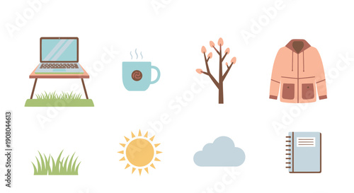 Cozy Autumn Workstation & Outdoor Elements Icons: Laptop, Hot Drink, Coat, Sun, Cloud, Tree, Grass, Notebook
