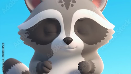 Adorable cartoon raccoon illustration with closed eyes, conveying a sense of peace, tranquility, and mindful meditation against a soft blue sky, perfect for children's designs or wellness themes