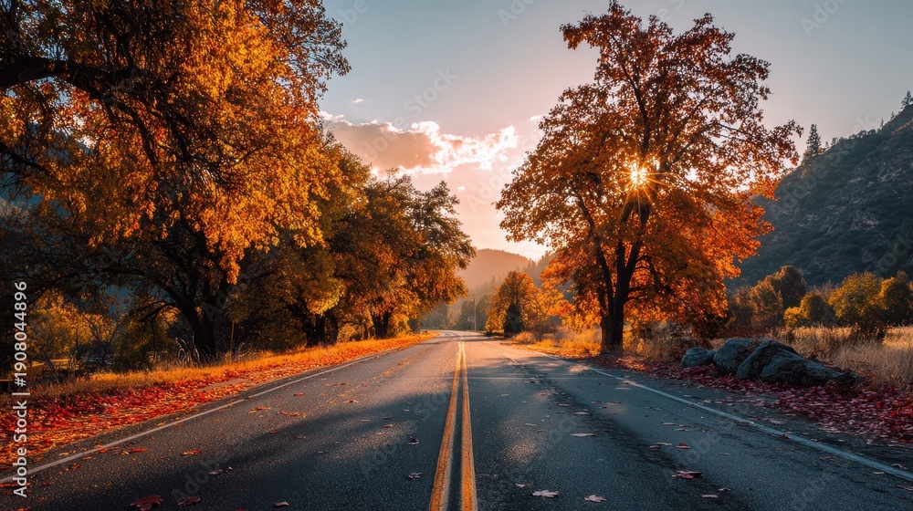 Fototapeta premium Asphalt Road Passing Through a Beautiful Autumn Forest at Golden Sunset