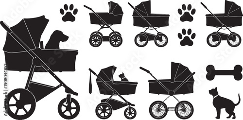 Black silhouettes of baby strollers and pets on white background