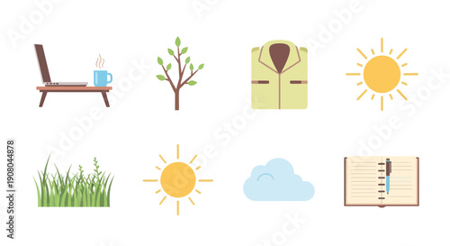 Summer Icons: Laptop, Tree, Shirt, Sun, Grass, Cloud, Journal