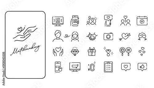 A collection of black and white line art icons for matchmaking services