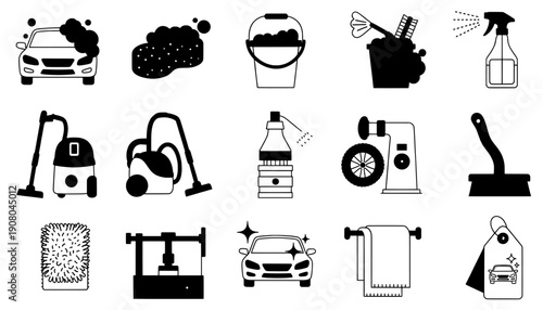 A collection of car cleaning tools and equipment on a white background