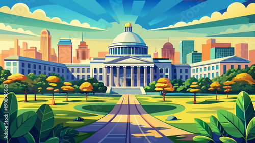 Very beautiful summertime campus scenery of Massachusetts Institute of Technology (MIT) in Cambridge, Massachusetts, USA, presenting green spaces and academic buildings under bright seasonal light.