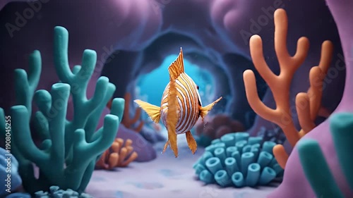 Underwater coral reef teeming with vibrant marine life and a solitary fish swimming through the serene aquatic environment