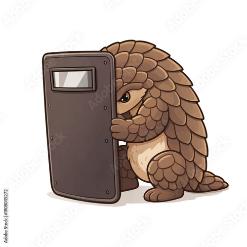 Cute pangolin cartoon vector character holding riot shield, animal illustration isolated on white, defensive wildlife mascot concept symbolizing protection and safety