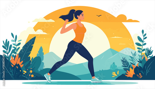 vector Woman Running in Nature Landscape Illustration
