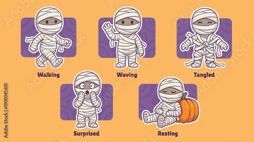 Cute Cartoon Mummy Character Sticker Set: 5 Poses for Halloween. Vector Illustration of Walking, Waving, Surprised, Tangled, and Resting Mascot.