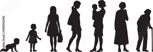 Family Silhouettes Showing Different Age Groups Walking Together