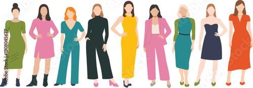 Flat vector illustration of nine diverse women standing in stylish outfits, showcasing fashion variety, personal expression, modern clothing design concepts