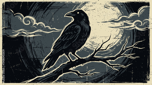Dark Raven or Crow Perched on Dead Tree Branch Under a Full Moon. Vintage Grunge Gothic Horror Woodcut Style Illustration.