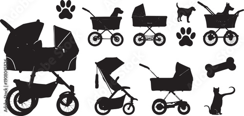 Black silhouettes of baby strollers and pets on white background
