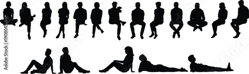 Flat vector silhouettes of people sitting and reclining in various postures, illustrating human poses, ergonomics, relaxation, meditation, lifestyle concepts