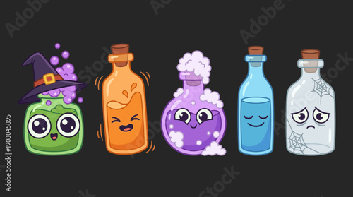 Cute Magic Potion Bottles Vector Set. Five Funny Halloween Elixirs and Chemistry Flasks with Kawaii Cartoon Faces and Different Emotions.