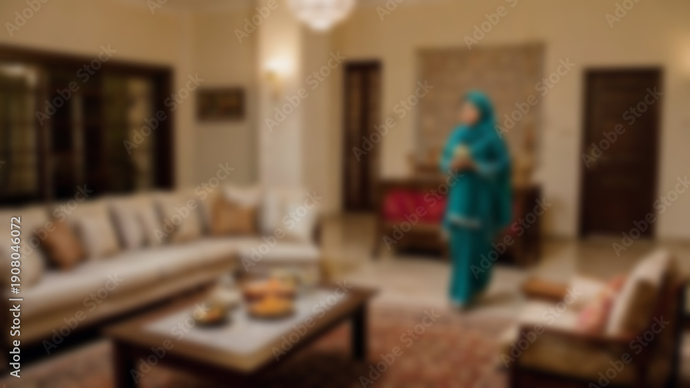 Fototapeta premium blurry image of a living room interior with a Ramadan theme, with a calm atmosphere featuring cool lights, a sofa, blurred wallpaper.