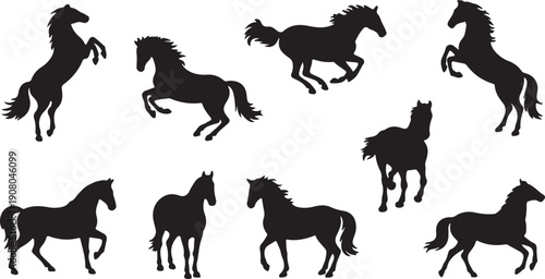 Black Horse Silhouettes in Various Dynamic Poses