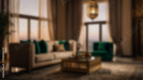 Wallpaper Mural blurry image of a living room interior with a Ramadan theme, with a calm atmosphere featuring cool lights, a sofa, blurred wallpaper. Torontodigital.ca