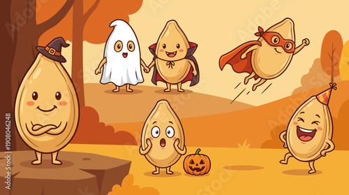 Adorable Halloween Pumpkin Seeds Characters in Costumes: Witch, Ghost, Vampire, and Superhero Cartoon Illustration in Autumn Landscape.