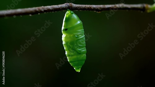 A vibrant green chrysalis hangs from a branch, a symbol of nature's wondrous metamorphosis and the quiet anticipation of new life, captured in serene detail
