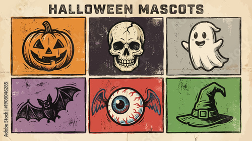 Vintage Halloween Mascots Collection. Retro Linocut Icons: Skull, Jack-o'-Lantern, Ghost, Bat, Witch Hat, and Eyeball. Distressed Grunge Style.