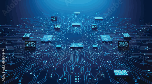 A blue circuit board with many small chips