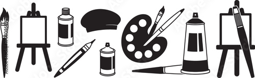 Black and white illustration of various artist painting tools and supplies