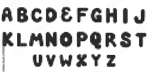 Black halftone alphabet. Retro pixelated font design. Grunge textured dotted abc. Comic pop art style letters. Rasterized bitmap English alphabet. Old newspapers typography set. Vector