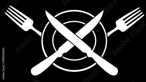 Black graphic depicts a crossed knife and a plate surrounded by forks, dining symbol
