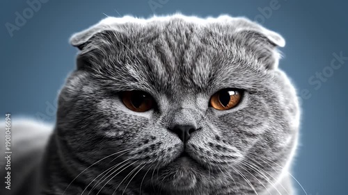 Scottish Fold Cat Close-up Portrait Intense Gaze with Folded Ears
