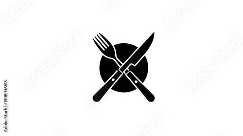 Silhouette depiction of a fork and knife crossed over a plate, against a white background
