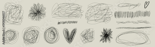 Abstract scratch pattern with doodle curves, messy pen lines, scratch strokes, lively doodle style, messy squiggle background.