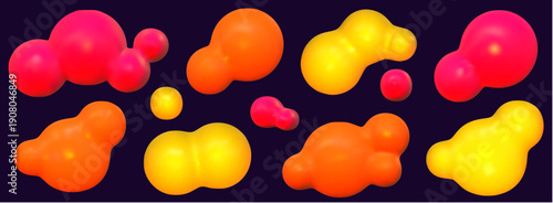 Colorful 3d lava lamp scene with floating metaball spheres, abstract liquid shapes, smooth fluid flow and dreamy amorphous motion, glowing 3d lava lamp look.