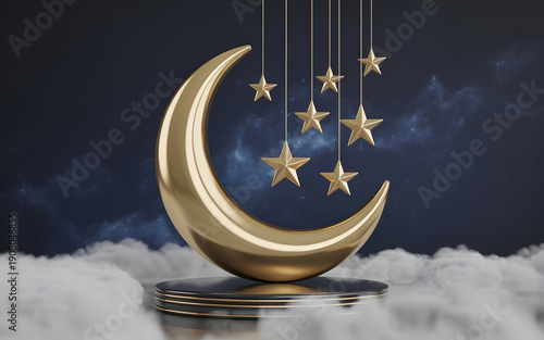 Golden Moon and Stars with Clouds, 3D Render, Night Sky Background