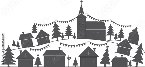 Village Scene Featuring Church Surrounded By Holiday Decorations