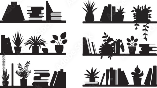 Black And White Shelf Decor With Books And Plants Design