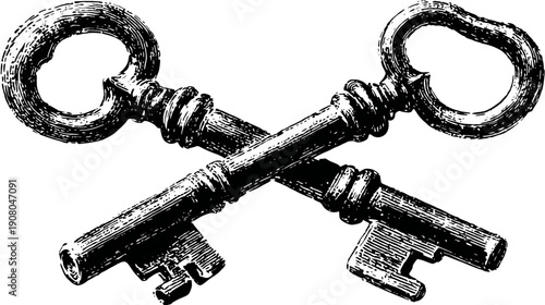 Intricate black and white illustration depicts two crossed antique keys against a blank backdrop