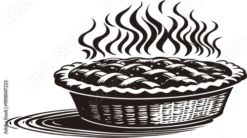 Black and white illustration of a pie with steam rising from it, in a basket style crust