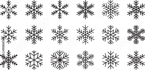 Collection of unique black snowflakes on white background for decoration