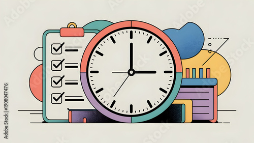 Clock, Checklist, and Abstract Shapes Illustration, Time Management Concept