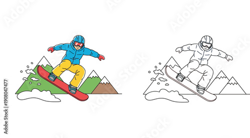 Snowboarder jumping vector illustration set featuring cartoon boy snowboarding in winter mountains with black and white coloring page outline version for kids