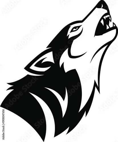 Dynamic black and white wolf head with teeth bared, roaring in a powerful display of primal energy.