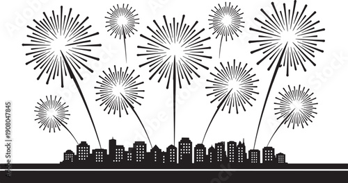 Fireworks exploding over city skyline at night time celebration