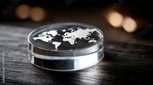 World Map Coin on Wooden Su...