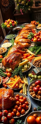 Wallpaper Mural Overflowing table with roasted meats, crisp vegetables, and ripe fruits; a magnificent spread signifying a grand feast and special celebration ,  plenty,  delicious Torontodigital.ca