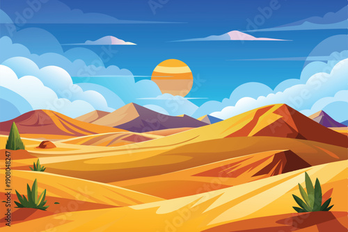 Colorful Desert Landscape Illustration with Sand Dunes, Mountains, and Bright Sky